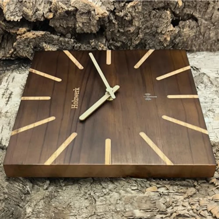 Holzwerk Wanduhr, Funkuhr aus massivem Holz, quadratisch, dunkelbraun, 25x25x2 cm, nahezu lautloses Uhrwerk – Bild 2