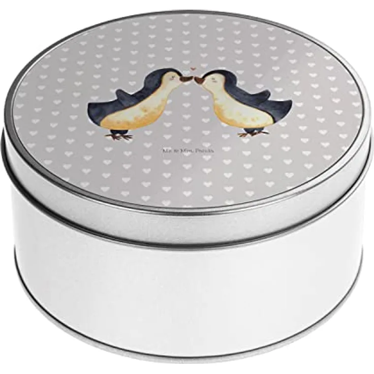 Mr. & Mrs. Panda Blechdose rund Pinguin Liebe Grau Pastell - Vorratsdose mit Deckel, Geschenk Partner Lunchbox Ehemann Paar