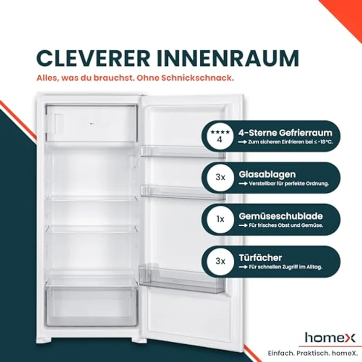 homeX CFB1811E Einbaukühlschrank mit Gefrierfach, 181 Liter, Schlepptürtechnik, LED-Beleuchtung, 39 dB, Energieeffizienzklasse E – Bild 4