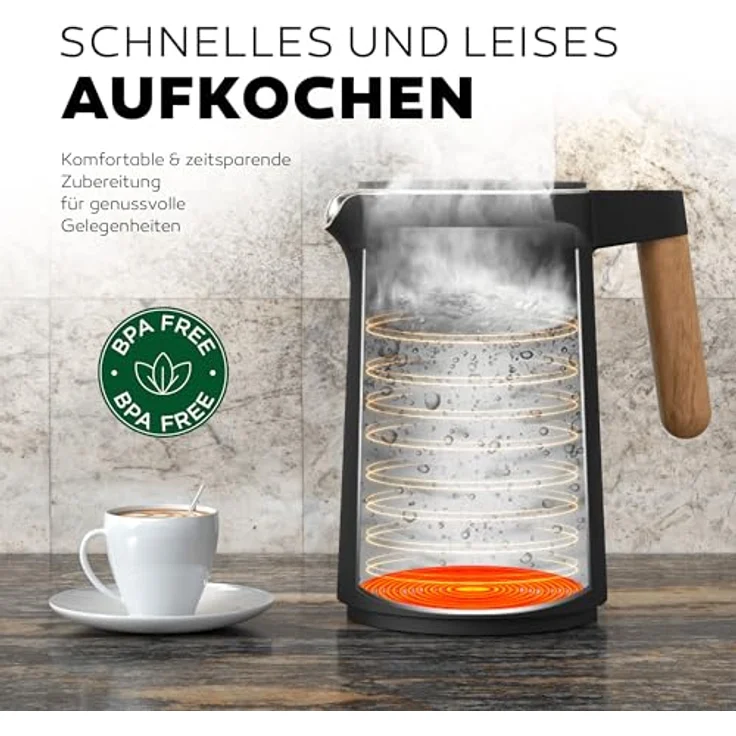 BALTER WK-08-BL Edelstahl-Wasserkocher, 2200W, 1,5L, doppelwandig, kabellos, Warmhaltefunktion, schwarz – Bild 8