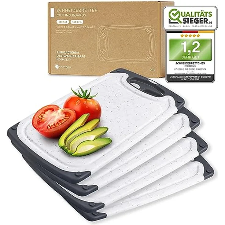Exitoso Frühstücksbrettchen 4er Set mit Saftrille - Spülmaschinenfest - Marmoroptik hell Schneidebrett Kunststoff rutschfest BPA frei - Brettchen Set Brett – Bild 1