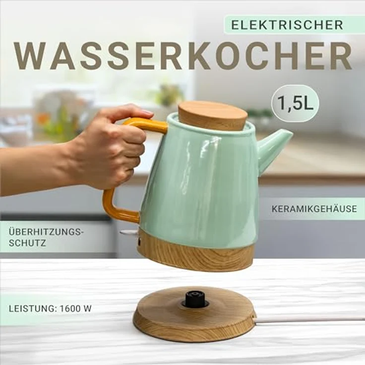 Kvota Elektrischer Keramik Wasserkocher 1,5 L mint/holz – mit echtem Holzdeckel, 360° drehbarem Sockel, LED-Betriebsanzeige, BPA-frei, Trockengehschutz, Retro Design – Bild 4