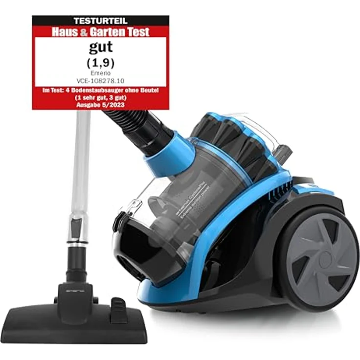 Emerio Zyklon Staubsauger 900 Watt Leistung 2,0 Liter Staubbehälter 7m Aktionsradius HEPA Filter CyclonePro klein und wendig Metall-Teleskoprohr inkl. Fugendüse, VCE-108278.10, Schwarz/Blau – Bild 1