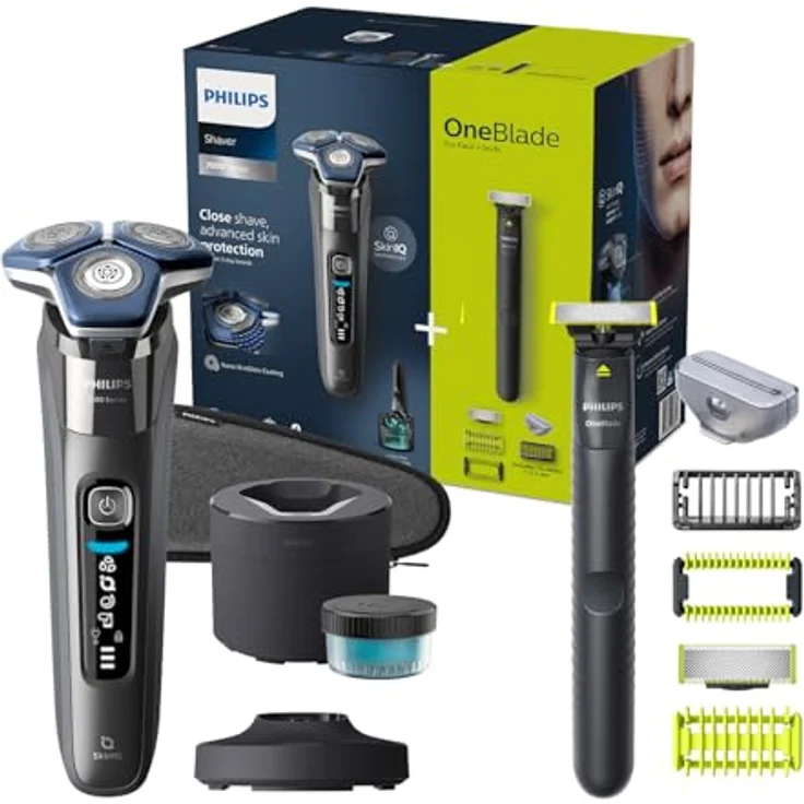 Philips Shaver S7000 – Elektrischer Nass- und Trockenrasierer mit SkinIQ-Technologie in Dark Chrome, ausklappbarem Trimmer, Reinigungsstation, Reinigungskartusche & Philips OneBlade (Modelle S7887/78) – Bild 1