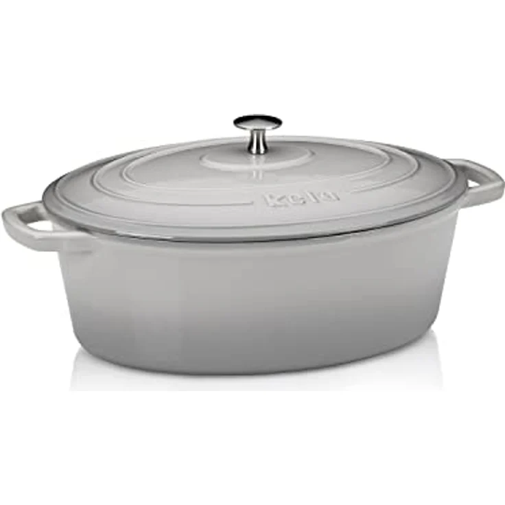 kela 12608 Bräter mit Deckel, Gusseisen, Emaille-Beschichtung, Hohe Wärmespeicherung, Induktionsgeeignet, 6 L, Grau, Oval, Calido – Bild 1