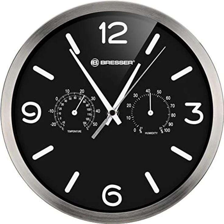 Bresser Funkuhr Wanduhr MyTime ND Thermo-Hygro mit geräuschlosem Funkuhrwerk, Edelstahlrahmen und Anzeige für Temperatur und Luftfeuchtigkeit, schwarz, 250x250mm – Bild 2