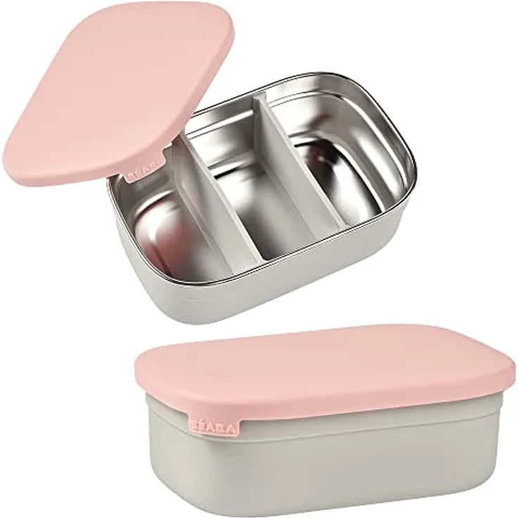 BÉABA, Lunchbox Kind, Brotdose Kinder mit Fächern, Auslaufsicher & BPA Frei, Edelstahldose, Bento Box Kinder, Silikonhülle, extrem robust, ideal für Kindergarten und Schule, 760mL, grau/Puderrosa