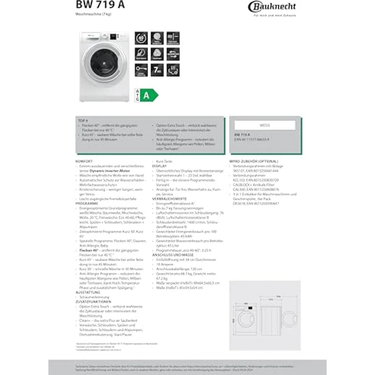 Bauknecht BW 719 A Waschmaschine Frontlader, 7kg, EEK A, Anti-Allergie, Kurzprogramme, Clean Plus, Inverter Motor, Weiß – Bild 4