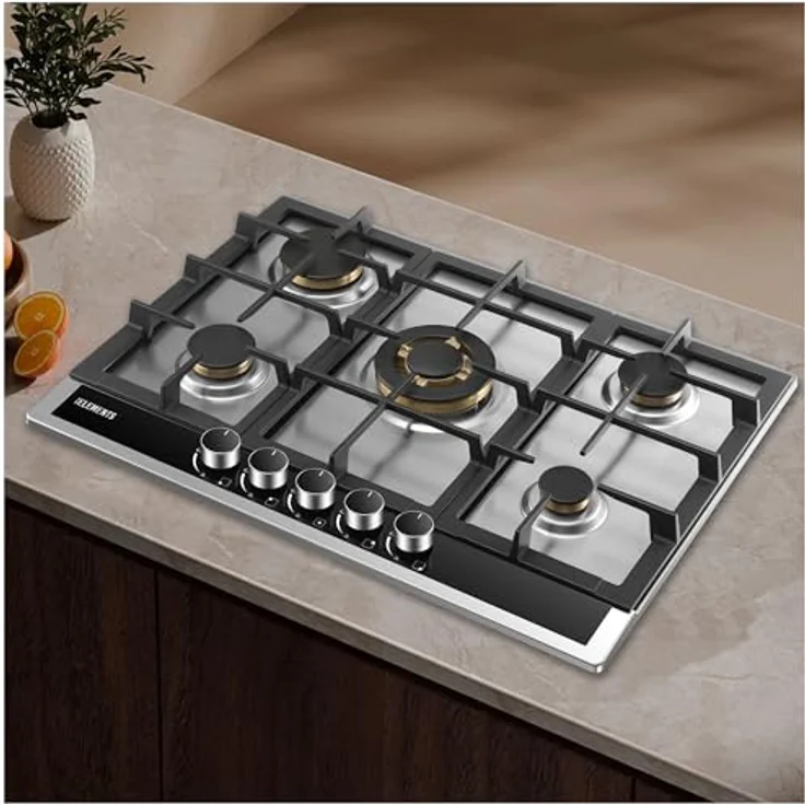 KB ELEMENTS Gaskochfeld Eternity Line 70 cm, 5 flammig, Vollkupfer-Brenner, 304 Edelstahlgehäuse, Wok-Dreifachbrenner, LPG/NG, automatische Sicherheitsabschaltung – Bild 1