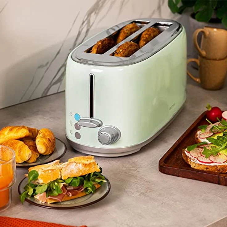 Cecotec Toast&Taste 1600 Retro Double Green, 4 Scheiben, 1630 W, 2 Schlitze mit 3,8 cm Breite und Länge, Edelstahl, obere Stäbe, verstellbare Leistung, Krümelauffangschale – Bild 5