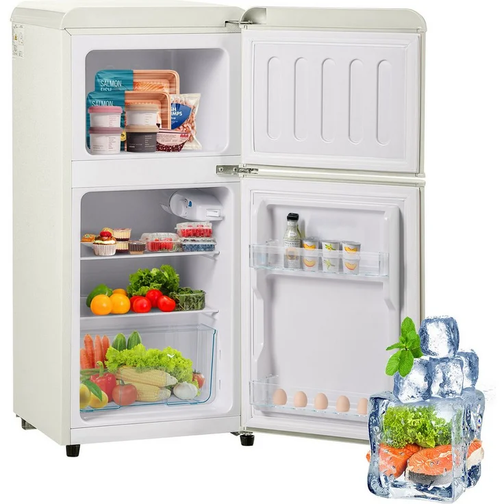 Merax Table Top Kühlschrank BCD-86, Retro Kühlschrank in Rot, 60 L Gesamtvolumen, 4-Sterne Gefrierfach, energieeffizient (Klasse F)