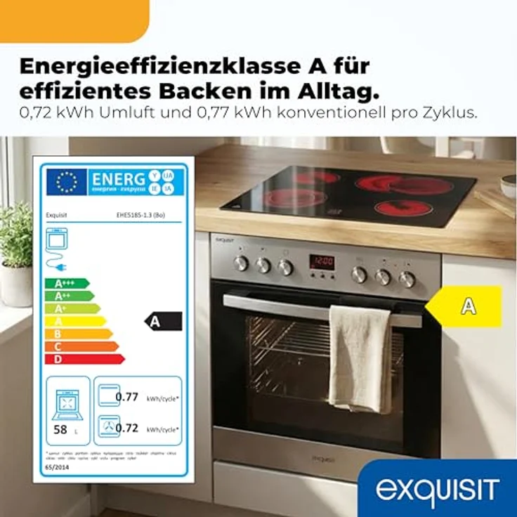 Exquisit EHE 5185-1.3 Herd-Set Inox | Einbauherd mit Umluft & Grill, 58 l, Energieklasse A, 4 Strahlungskochzonen, Timer, 9800 W – Bild 2