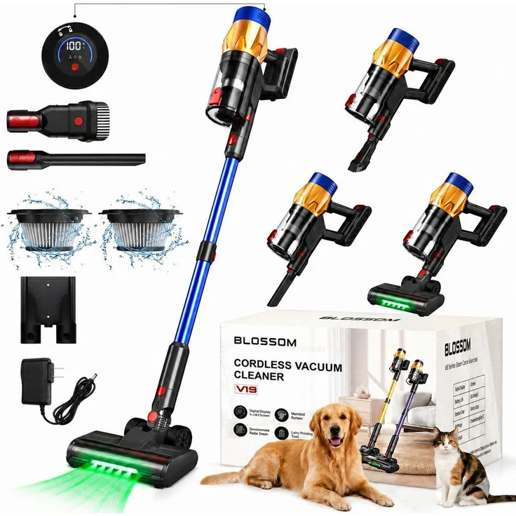 Blossom Akku-Hand- und Stielstaubsauger 75000Pa, 600W, 65Min Laufzeit, 1,8L Staubbehälter, leise mit HEPA-Filter und OLED Display, ideal für Böden, Teppiche und Autos