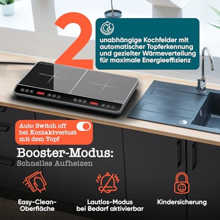 Stillstern Doppel-Induktionskochplatte ChefKoch Xtreme Duo 3600W, Glaskeramik, TurboBoost Technologie, 24h Timer – Bild 8