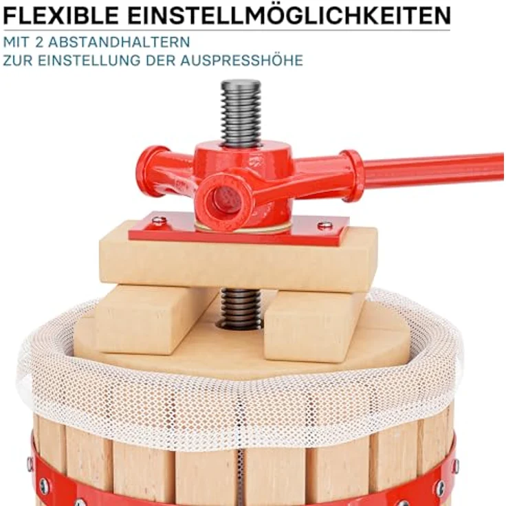 Wiltec 18L Obstpresse aus Buchenholz inkl. Presstuch, manuelle Weinpresse mit 280x365mm Korb, Apfelpresse Fruchtpresse für Obst Wein Maische, robustes Rot-Buchenholz – Bild 3