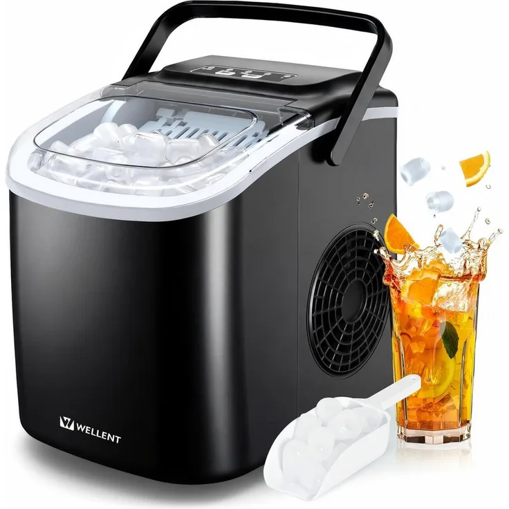 WELLENT Eiswürfelmaschine Tragbarer Eiswürfelbereiter, 9 Eiswürfel in 6 Minuten, 12 kg/24 H, 2 Eiswürfelgrößen, Selbstreinigung, Schwarz