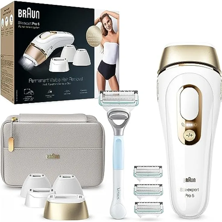 Braun IPL Silk Expert Pro 5 Haarentfernungsgerät Damen/Herren, für dauerhaft sichtbare Haarentfernung, Venus Rasierer und Tasche, Alternative zur Laser Haarentfernung, Geschenk Frau, PL5387, weiß/gold