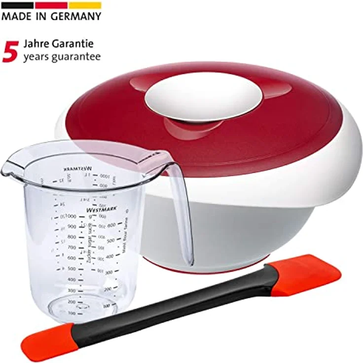 Westmark Koch- und Backset, 3tlg., Rührschüssel mit Deckel 2,5 l, Messkanne 1 l und Teigschaber , Kunststoff/Silikon, Duo, Weiß/Rot/Schwarz, 315322E6 – Bild 2