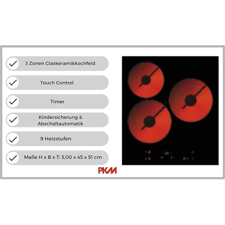 PKM Elektro-Kochfeld KF3F, 3 Kochzonen, 45 cm breit, Touch Control, Kindersicherung, 5000 Watt, Glaskeramik – Bild 5