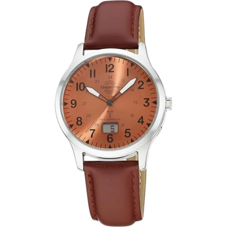 Master Time MTGA-10959-82L, Funk Quarz Herren Uhr Analog-Digital mit braunem Lederarmband, Automatische Zeitsynchronisation und ewigen Kalender
