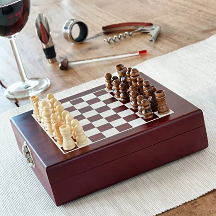 InnovaGoods Korkenzieher Weinzubehörset mit Schachspiel 37 Stück, Holz und Edelstahl – Bild 3