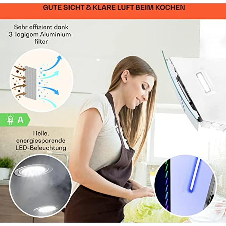 Klarstein 10040143 Kopffreihaube, Clara 90 Dunstabzugshaube Glas 509 m³/h Touch Ambiente-Licht, weiß – Bild 5