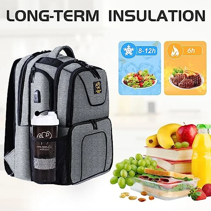 UPGRADED 519 Fitness Meal Prep Rucksack, isoliert, wasserdicht, Kühler, Lunch-Rucksack, Wanderrucksack für Herren und Damen, Picknick-Kühler Rucksack mit 3 Mahlzeit-Behältern und 2 Kühlakkus Large grau – Bild 5