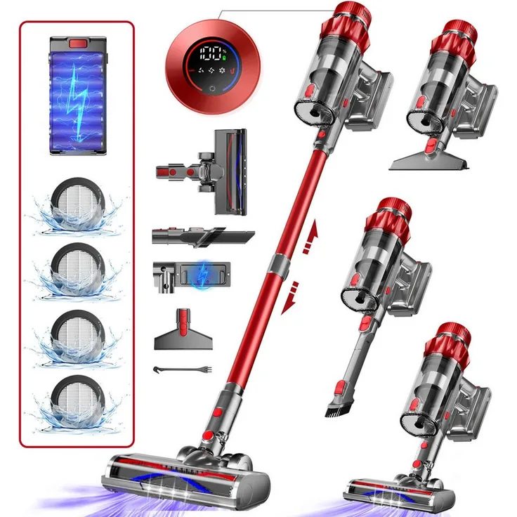 Homimaster Akku-Hand- und Stielstaubsauger mit 80000Pa Saugkraft, 70 Min Laufzeit, 4 HEPA-Filtern und abnehmbarem Akku, ideal für Tierhaare - Kabellos, leise und mit Duftpads