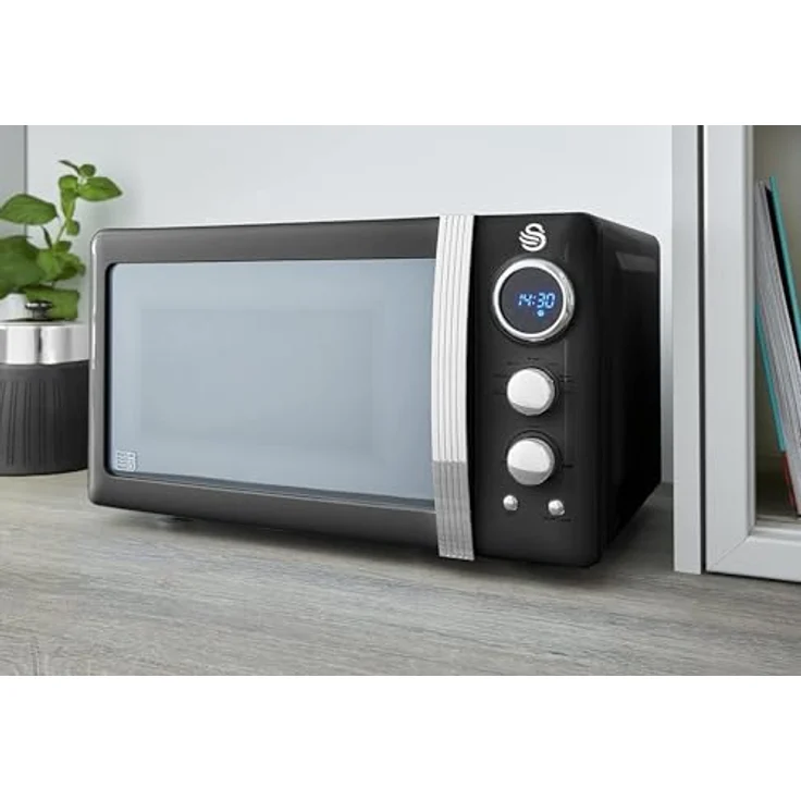 Swan SM22030LBNEU Retro Mikrowelle 20L, 800 Watt, 5 Leistungsstufen, Auftaufunktion, Timer, schwarz – Bild 3
