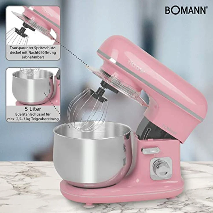 Bomann KM 6030 CB Knetmaschine inkl. transparentem Spritzschutzdeckel mit Nachfüllöffnung, 1100 Watt, 5 Liter, schwenkbarer Multifunktionsarm, pink – Bild 3
