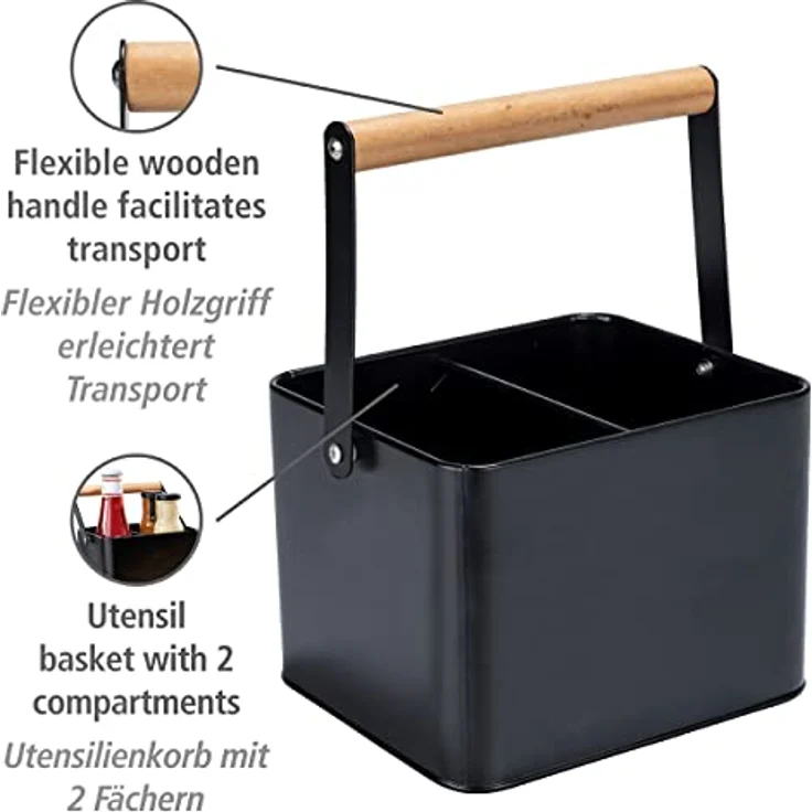 WENKO Utensilienkorb Baco, Black Outdoor Kitchen Zubehör, robuster Tragekorb aus pulverbeschichtetem schwarzem Metall mit flexiblem Holzgriff, ideal für den Transport von Saucen, 18 x 25,5 x 15 cm – Bild 2