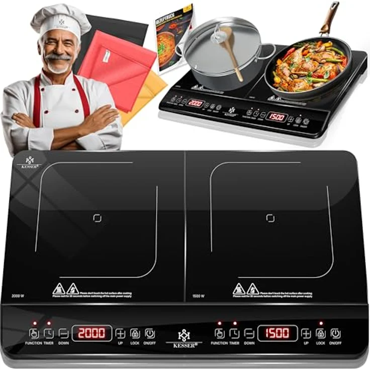 KESSER® Induktionskochplatte Induktionskochfeld 2 Platten 3500W Tragbares 57cm Kochplatte + 3x Mikrofasertuch + 1x Rezeptbuch, 8 Heizstufen, 4-Stunden-Timer, Touch-Steuerung, Booster-Funktion 220-240V, Kristallglasgehäuse, Kindersicherung, Auto-OFF-Funktion, Transportfähig – Bild 1