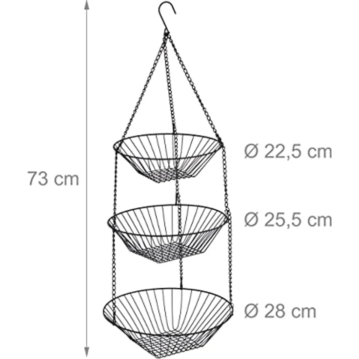 Relaxdays Obstkorb hängend, H x D: 73 x 28 cm, 3 Etagen, Stahl, runder Hängekorb für Obst & Gemüse, Obstschale, schwarz – Bild 4