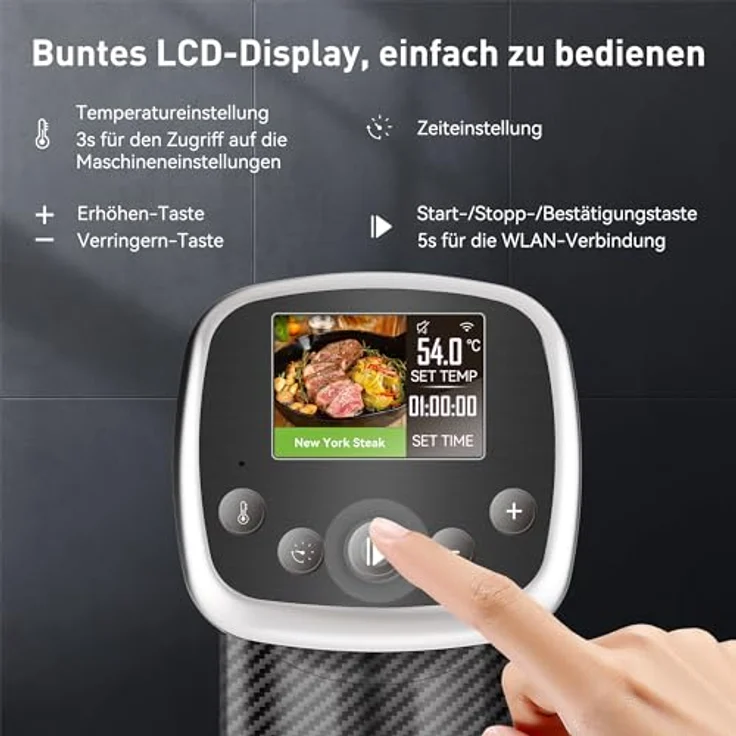 KitchenBoss Sous Vide Stick Garer, WiFi Präzisionskocher mit App-Steuerung, 1100W, IPX7 wasserdicht, TFT Touch Display, ultraleise Tauchzirkulation 40℃-90℃ – Bild 3