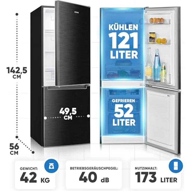Bomann Kühlschrank KG 7359 schwarz-inox | Kühl Gefrierkombination 173L mit 3 Ablagen & 3 Schubladen | leise Kühlgefrierkombi 40db – Bild 5