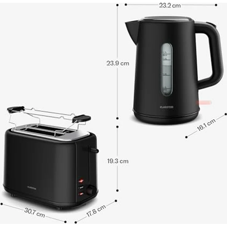 Klarstein Velaire Toaster Wasserkocher Set, 2 Scheiben Toaster mit 7 Bräunungsstufen, 1,7L Wasserkocher mit Kalkfilter, Frühstücksset in Silber – Bild 7