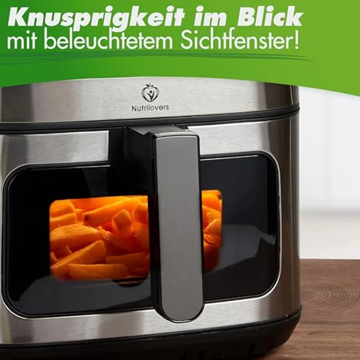 Nutrilovers Heißluftfritteuse NUTRI-FRYER EDELSTAHL XXL, 8L, 2000W, mit LED Touch Display, Double Heating Technologie, Sichtfenster, fettarm, inkl. Rezepte – Bild 3