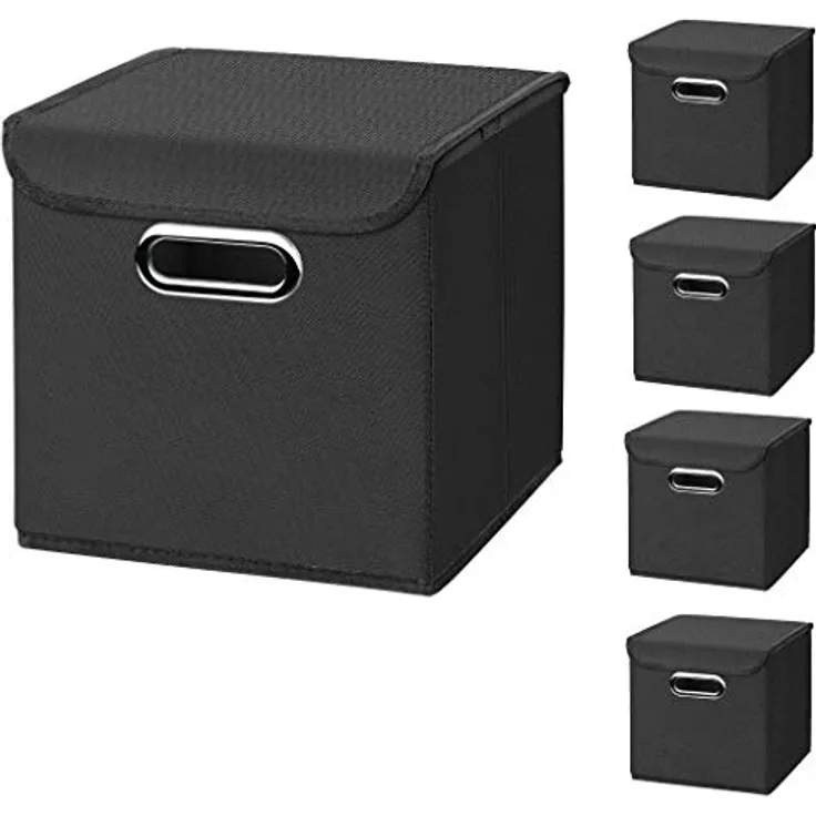 CM3 5 Stück Schwarz Faltbox 25 x 25 x 25 cm Aufbewahrungsbox faltbar, mit Deckel