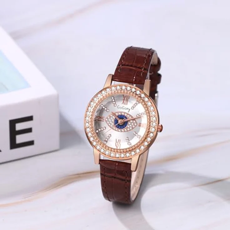 JewelryWe Analog Quarz Armbanduhr Damen, Braun mit bösem Blick und römischen Ziffern, PU Lederarmband und Strass-Dekor – Bild 2