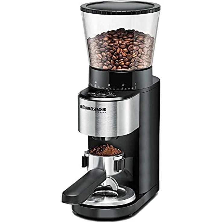 ROMMELSBACHER Kaffeemühle EKM 500 - Kegelmahlwerk, Präzisions-Waage, Halterung für Siebträger, Mahlgrad in 39 Stufen, 5 Funktionstasten für individuelle und flexible Nutzung, Schwarz/Edelstahl – Bild 1