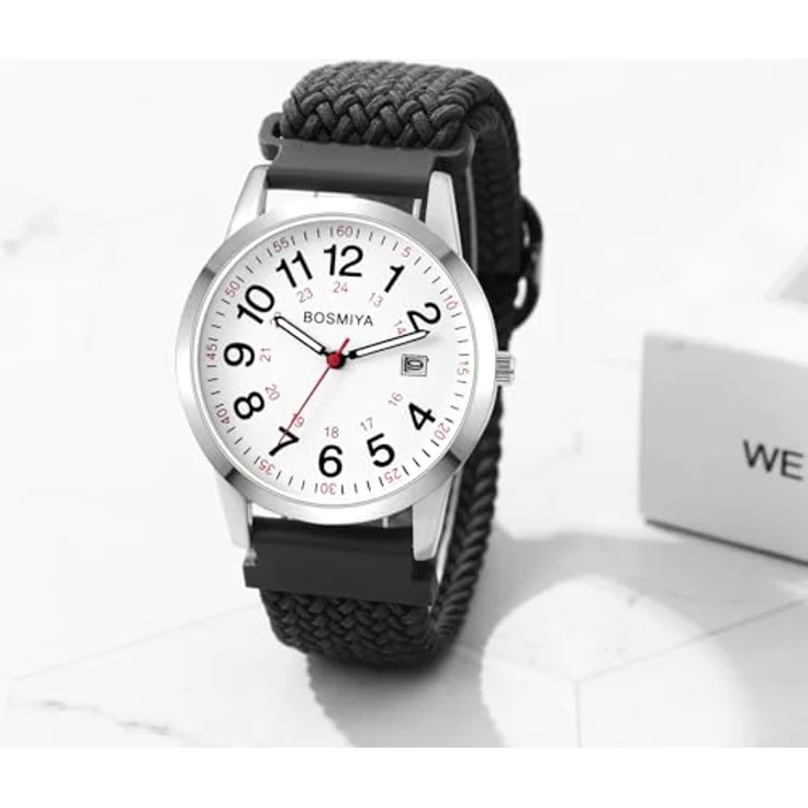 JewelryWe Geflochtene Elastische Uhr, Analog Quarz Armbanduhr mit Grau Gewebtem Stretcharmband, 24-Stunden-Zifferblatt und großen Zahlen für Damen und Herren – Bild 4