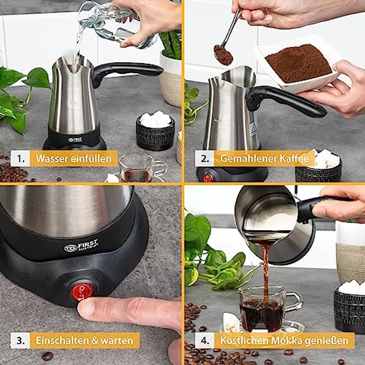 TZS FIRST AUSTRIA Kaffeebereiter, Edelstahl Mokkakocher mit 800W Leistung, 300ml, 360° drehbare Basisstation, klappbarer Griff, auch als Wasserkocher verwendbar – Bild 4