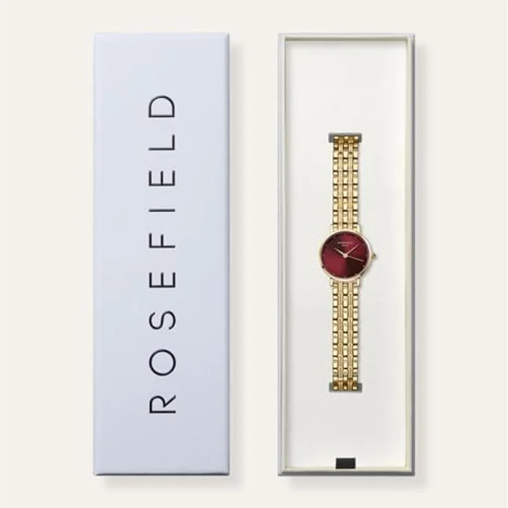 Rosefield Montre Femme Small Edit, Armbanduhr in Bordeaux mit 26 mm Gehäuse, wasserdicht bis 3 ATM, Edelstahlarmband 23K vergoldet – Bild 3