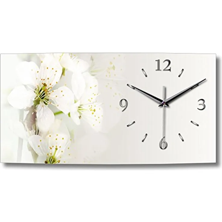 Kreative Feder weiße Blüte XXL Natur Küchenuhr Designer leise Funk Wanduhr Funkuhr modernes Design OHNE Ticken * WA154 (50x25cm leises Funkuhrwerk)