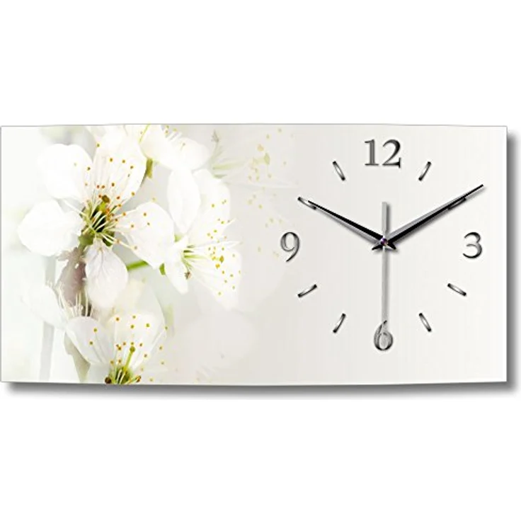 Kreative Feder Designer Wanduhr weiße Blüte XXL Natur Küchenuhr leise Funkuhr 80x40cm OHNE Ticken, modernes Design - WA154 (80x40cm leises Funkuhrwerk)