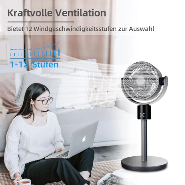 Be Cool Digitaler Stand- und Tischventilator 26cm – DC Inverter Motor, 50 Watt, 12 Stufen, 3 Windmodi, 3D-Osszilation, Höhe einstellbar: 66/95 cm, 15 Std. Timer, LED-Anzeige, Fernbedienung, grau – Bild 3
