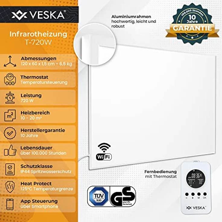 Infrarotheizung inkl. Thermostat APP-Funktion Wifi Fernbedienung und Timer - 10 Jahre Garantie - Deutsche Qualitätsmarke - Wandheizung Elektro Heizung, Überhitzungsschutz, TÜV/GS (450, Watt) – Bild 2