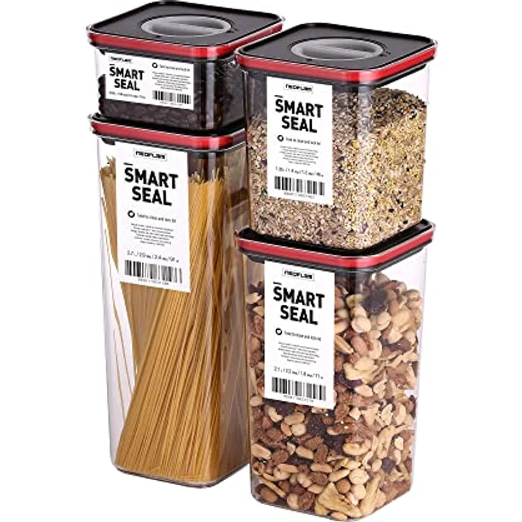 Neoflam® Vorratsdosen mit Deckel luftdicht & Einhanddrehverschluss | BPA frei | Vorratsboxen Küche | 4-teiliges Set schwarz/rot - je 0.55L, 1.35L, 1L, 2.7L – Bild 1
