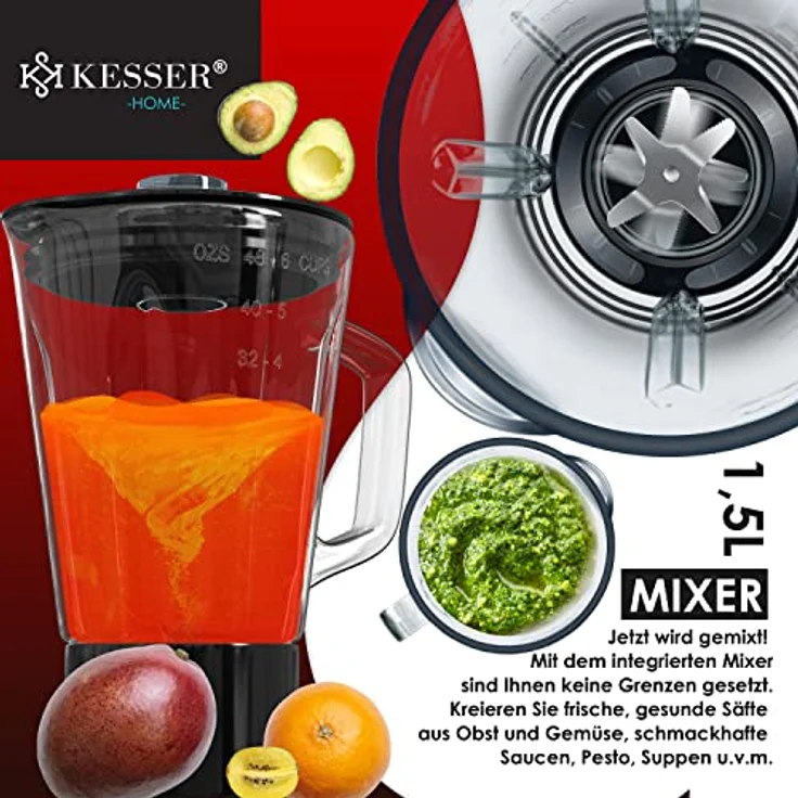 KESSER K-KM 3000 3 in 1 Universal Küchenmaschine, 1500W, 5,5L Schüssel, inkl. Fleischwolf, 3 Rührwerkzeuge, 1,5L Entsafter, Wurst Set Pasta & Plätzchenformen, rot - Preisvergleich – Bild 5