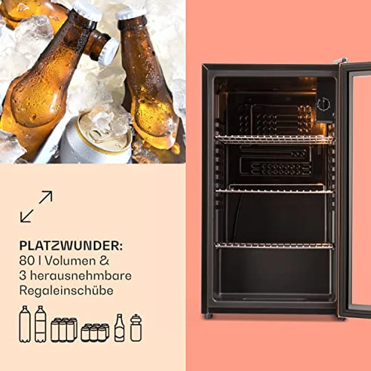 Klarstein XXL Mini Kühlschrank mit Glastür & LED, 80L, Leise & Wetterfest, Indoor/Outdoor, Schwarz – Bild 5